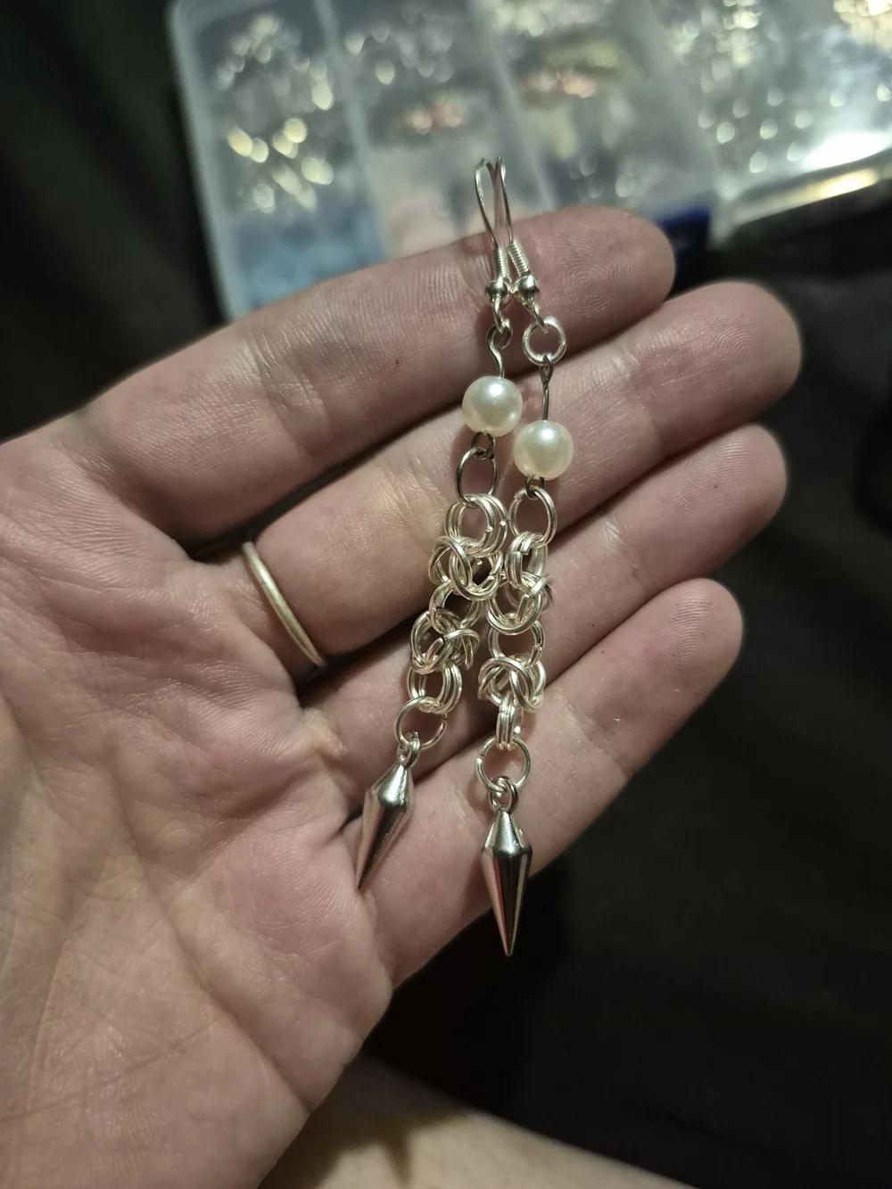 Silver Pearl Drop Chainmaille Earrings